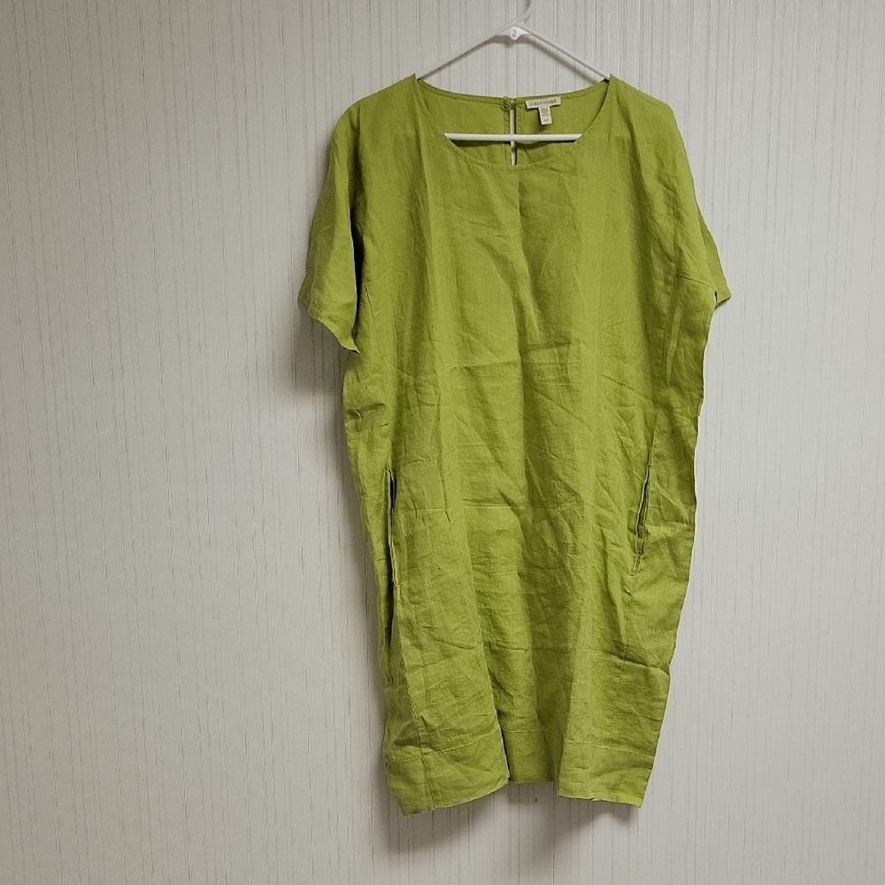 Eileen Fisher Lime Green Organic Linen Dress Sz Medium Gorpcore Pockets - Picture 3 of 8